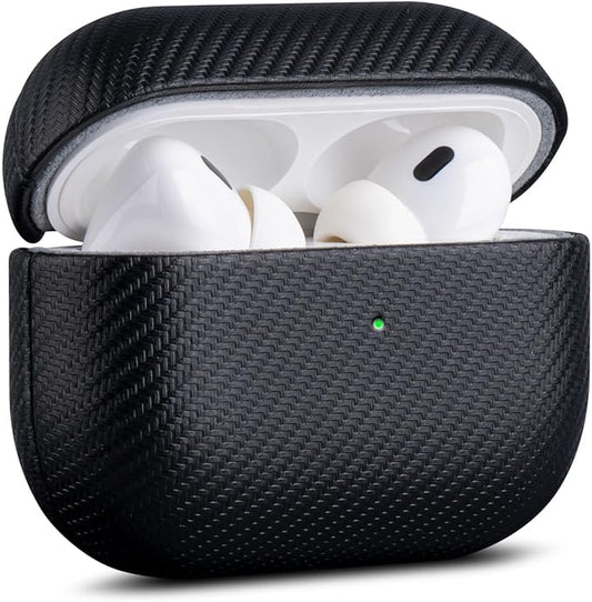 for AirPods Pro 3 Case Cover - Selected Vegan Leather, Carbon Fibre Texture, Handmade Drop Protective Hard Cover, Qi and MagSafe Charging Compatible - AirPods Pro 3rd Generation Case - Black