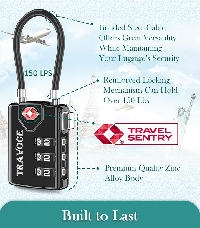 Search Alert TSA Approved Travel Combination Luggage Cable Locks for Suitcase, Gym Locker,Toolbox,Backpack 1,2,4,6 &10 pk (Black 3 Pack)