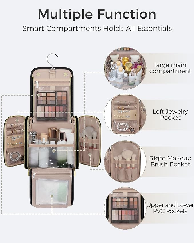 Hanging Toiletry Bag, PU Leather Makeup Bag Large Capacity with Jewelry Organizer for Brushes Set, Cosmetic Accessories, Black