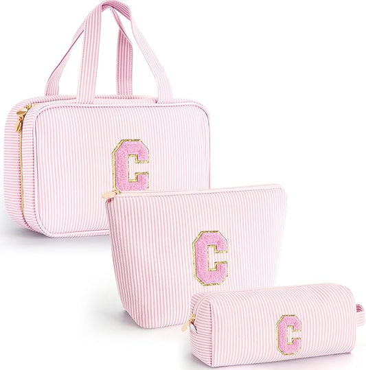 Preppy Toiletry Bag Makeup Bag for Women Her - Personalized Cute Makeup Pouch for Girlfriend Bridesmaid Wife Mom | Travel Toiletry Cosmetic Bag for Friend | Birthday Gift Idea - Pink C