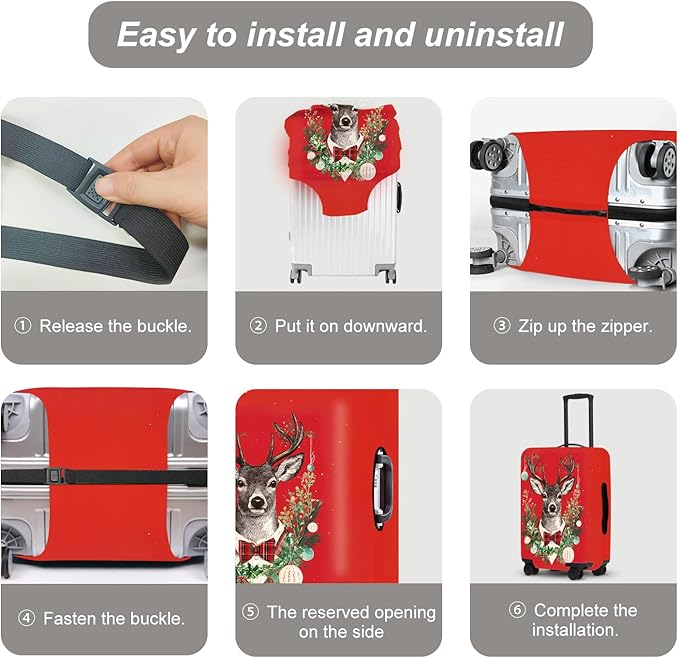 Reindeer Christmas Luggage Cover - Red Background with Wreath and Ornaments, Elegant Holiday Suitcase Protector for 28 30 Inch Travel