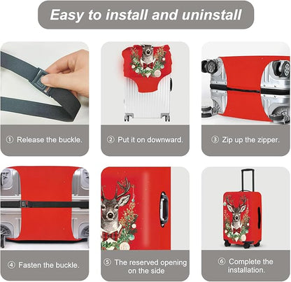 Reindeer Christmas Luggage Cover - Red Background with Wreath and Ornaments, Elegant Holiday Suitcase Protector for 28 30 Inch Travel