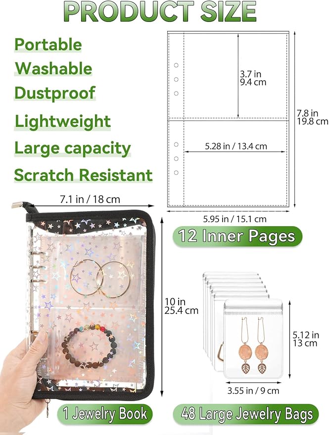 Jewelry Organizer Case Travel Clear Earring Organizer Case Transparent Jewelry Storage Book with Clear Zippered Jewelry Pouch (Black, with 48 Pcs large Jewelry Pouches)