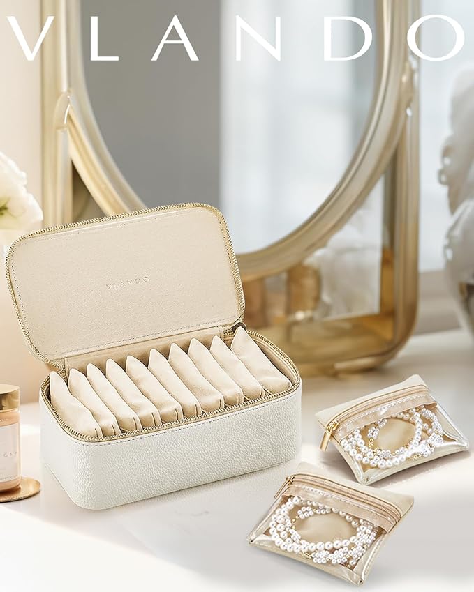 Vlando Travel Jewelry Case,Jewelry Box with 12 Velvet Jewelry Pouch Jewelry Travel Organizer for Women Girl Jewelry Case Necklace Rings Earrings Bags Wedding Gifts (White)