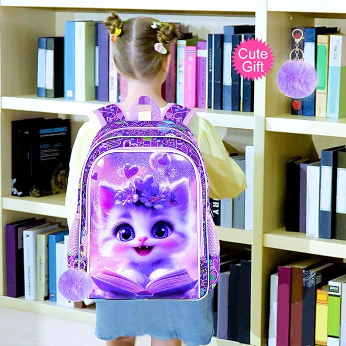 WZLVO 3PCS Kids Cat Bookbag Set, 16" Glittery UV Printing Girls Backpack/School Bag with Lunch Box & Pencil Bag for Preschool to Elementary - Reading Cat Purple