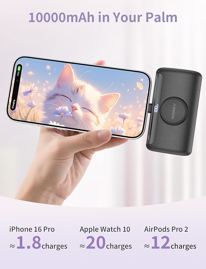 RORRY Mini Portable Charger USB C, 10000mAh PD 22.5W Fast Charging Small Power Bank, Travel Essential Battery Pack for iPhone 17/16/15 Series and Apple Watch Ultra/11/10/9/SE, iPad, Black