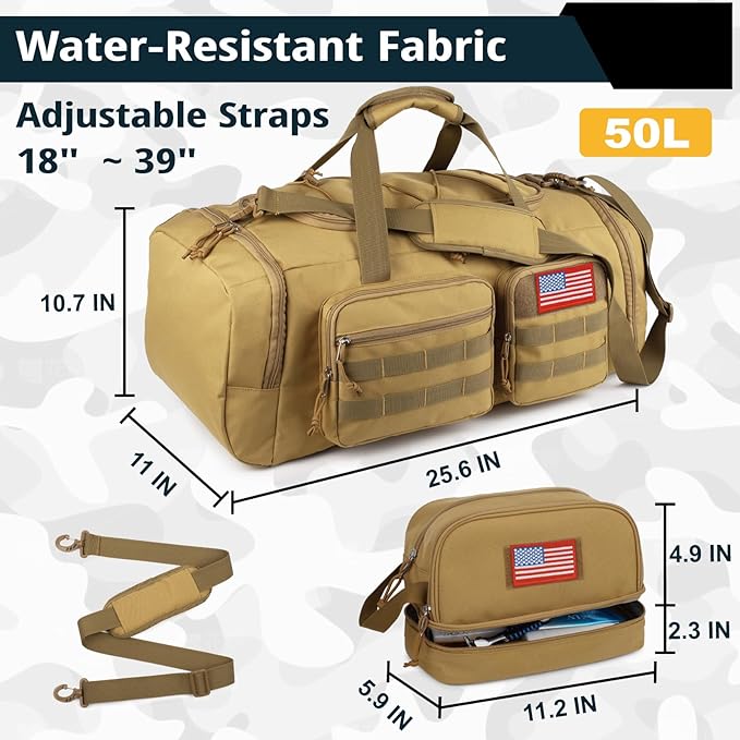 Tactical Gym Bag for Men with Toiletry Bag，50L Large 3 in 1 Sports Duffle Bag with Shoes Compartment for Travel,Water Resistant Travel Backpack Weekender Overnight Bag with Wet Pocket for Women