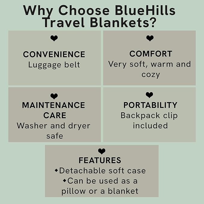 BlueHills Premium Soft Travel Blanket Pillow Airplane Blanket Packed in Soft Bag Pillowcase with Hand Luggage Belt Compact Pack Large Long Flight Essentials Portable Navy Blue T002