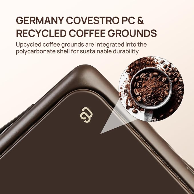 NINETYGO Carry On Luggage 22x14x9 Airline Approved, 20 Inch Suitcase with Front Compartment & Cup Holder, Coffee-Infused PC Hard Shell, Eco-Friendly, TSA Lock, 360° Spinner Wheels (Americaco)