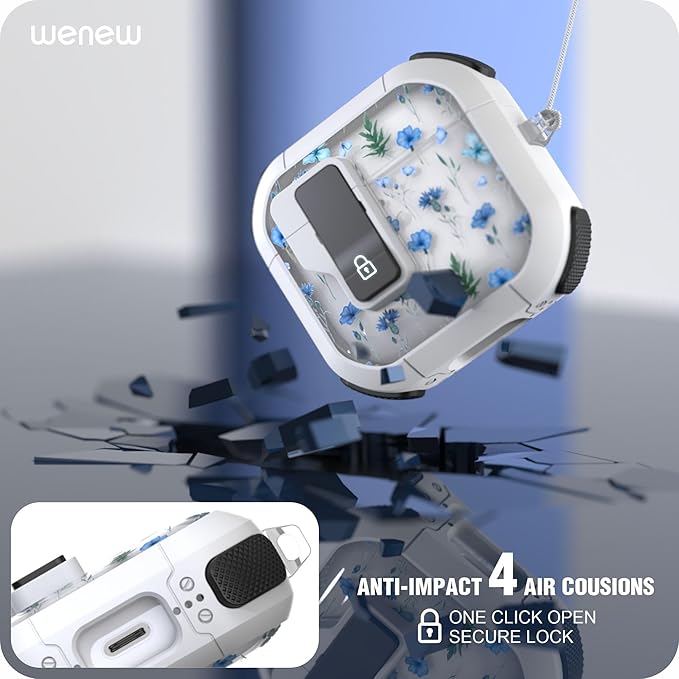 WENEW Case for AirPods 4th Case Cover Secure Lock Automatic Snap Switch Clip Cleaner Kit Lanyard Women Stylish Flower Armour Hard Shell Full Body Front LED Visible (Blue Flower, AirPods 4th)