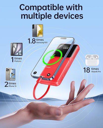 Portable Charger with Built in Cable - 22.5W Power Bank Fast Charging USB C 10000mAh LED Display Travel Battery Pack 5 Outputs & 3 Inputs for iPhone Samsung Android iPad Phones Tablets etc