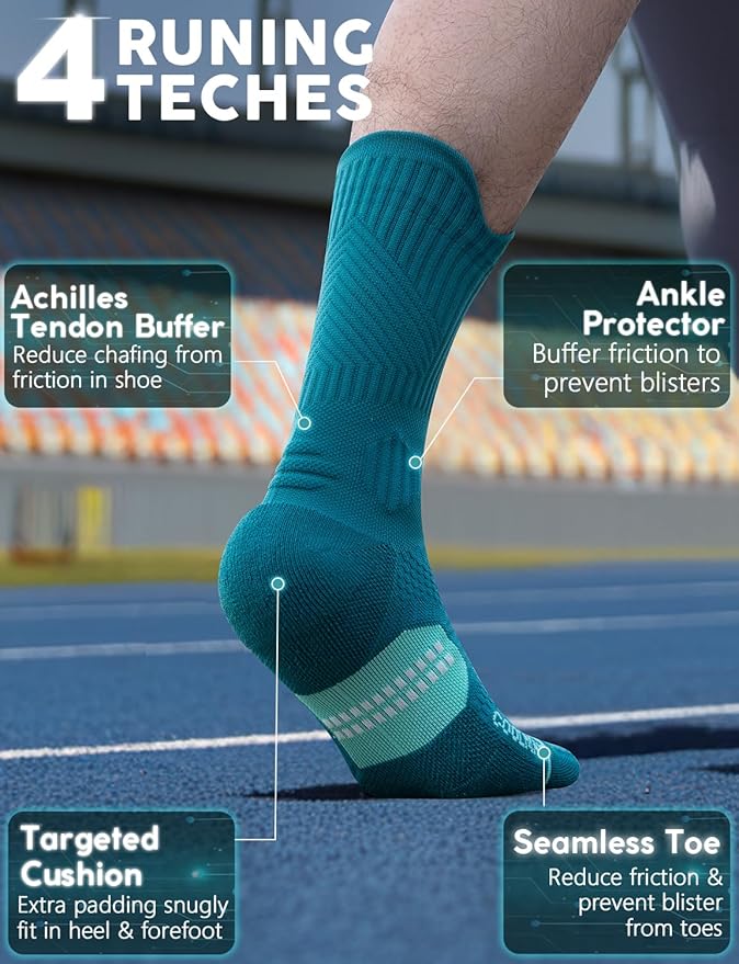 Mens Bamboo Viscose Crew Compression Running Socks Athletic Hiking Cushioned Wicking Anti-Blister Seamless