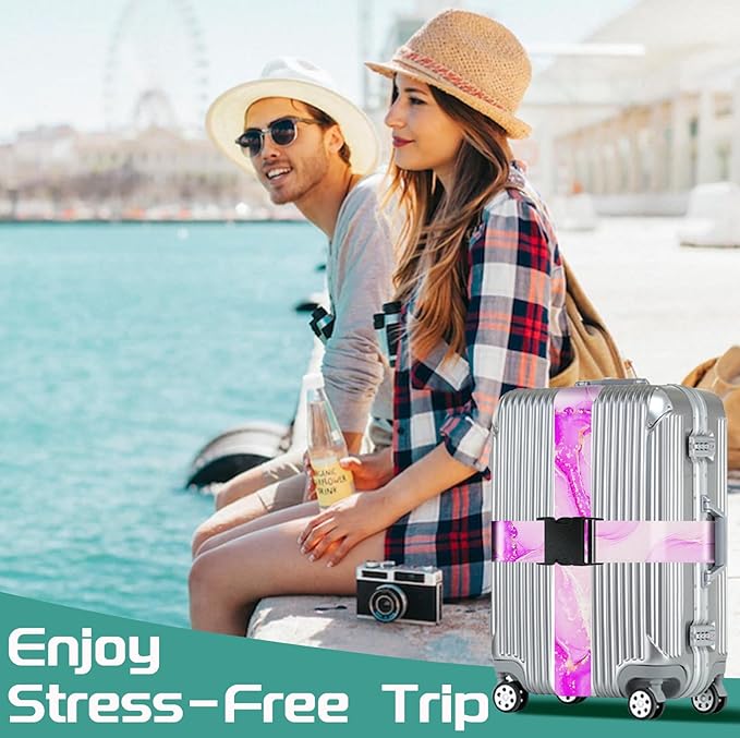 Slohif Luggage Straps for Suitcases Travel Belt Accessories Luggage Connector Identifiers Over Handle with Buckle Unique Nylon Adjustable Strap for Sleeping Bag Car Seat Deep Purple Marble (2 Pack)