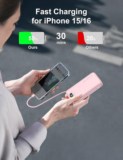 20000mAh Ultra-Portable-Charger-Power-Bank PD20W with Built in Cables&AC Wall Plug,Fast Charging Cell Phone Charger Battery Pack,LED Display Travel Battery Bank for All iPhone,Samsung,Android