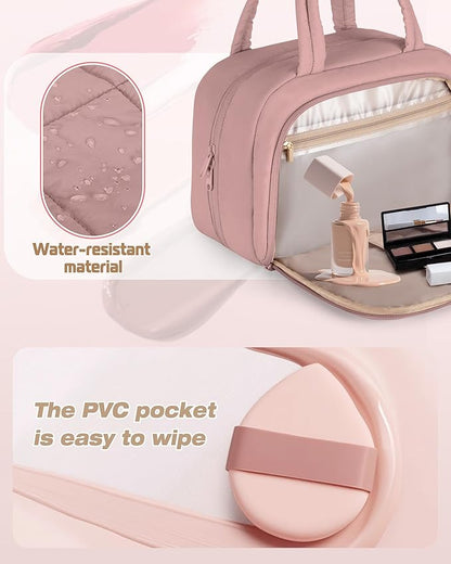 Travel Toiletry Bag for Women with Hanging Hook, Water Resistant Puffy Makeup Organizer with Leak Proof Pockets for Toiletries and Cosmetics - Dark Pink (Bag Only)