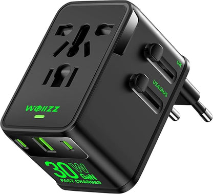 Tiny Universal Travel Adapter, 30W GaN Fast Charging International Power Adapter with 4 Ports (1 AC, 1 USB-A, and 2 USB-C), Plug Adapter with Smart Chip for Over 200 Countries, PD&QC Charger