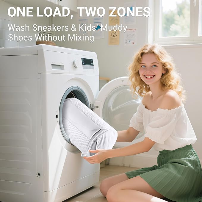 Large Shoe Bag for Washing Machine, Two-Zone Design, 2 Mesh Pockets, One-Step Wash for Complete Cleaning, Durable Invisible Zipper Sneaker Laundry Bag Home Dorm Essentials 9.45" x 13.8"