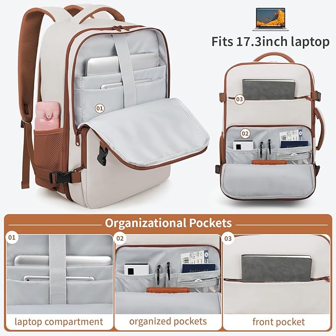 ZOMFELT Travel Backpack for Men, Carry on Backpack, TSA 17.3 inch Laptop Backpack Flight Approved, Personal Item Travel Bag Nurse Bag Casual Daypack for Weekender Business Trip, Khaki White