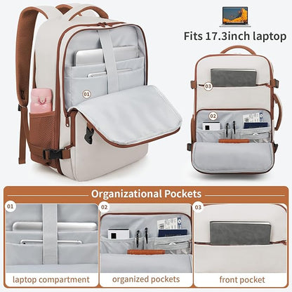 ZOMFELT Travel Backpack for Men, Carry on Backpack, TSA 17.3 inch Laptop Backpack Flight Approved, Personal Item Travel Bag Nurse Bag Casual Daypack for Weekender Business Trip, Khaki White