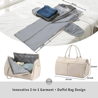 STOVER Women’s Convertible Garment Duffel Bag for Travel – 2-in-1 Carry-On Weekender/Overnight Tote - Wrinkle-Free Dresses, Hanging Suits & Clothes + Shoe Compartment & Bonus Toiletry Bag (Cream)