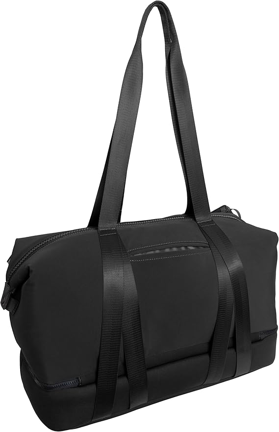 Joan & David 21" Weekender Yoga Gym Duffel Bag with Neoprene Zippered Drop Bottom Compartment Lined In Peva for Non-absorbtion of Odors, Detachable Pouch, Including TSA Approved Bottles (Black)