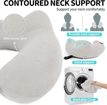 2 Pack Inflatable Travel Neck Pillows for Airplanes, Head Support Velvet Adult Neck Pillows for Long Flight, Kit with Eye Mask, Earplugs and Storage Bag, 2, Light Gray