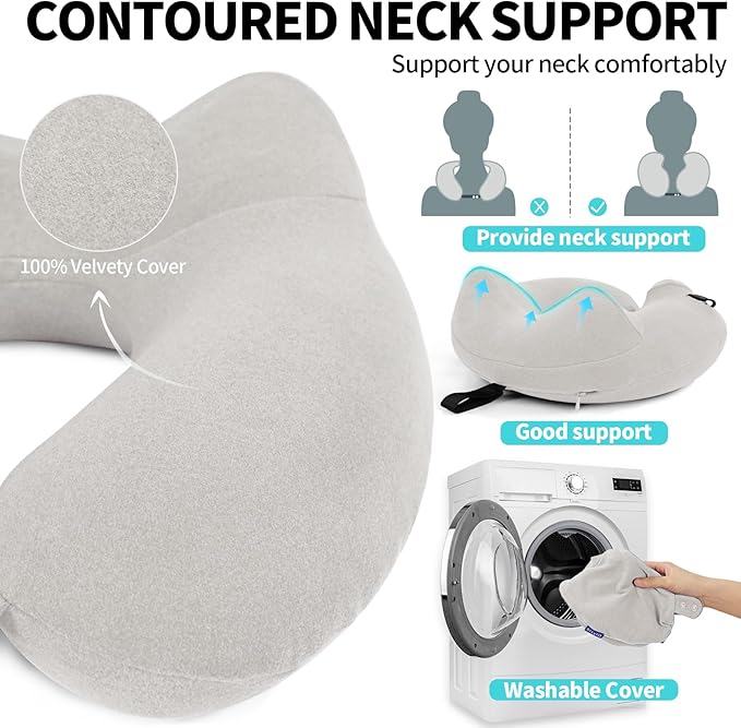 Inflatable Travel Neck Pillow for Airplane, Head Support Velvet Adult Neck Pillow for Long Flight, Kit with Eye Mask, Earplugs and Storage Bag,1, Light Gray
