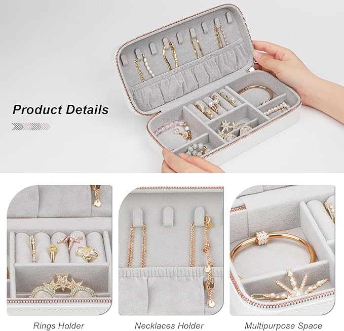 Travel Jewelry Boxes Organizer, Zippered Portable Small Travel Jewellery Boxes for Women, Earring Organizer for Rings Earrings Necklaces White