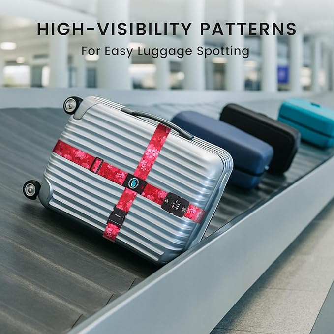 Travelkin Luggage Straps TSA Approved - Adjustable Cross Suitcase Straps with TSA Lock, Reinforced Buckle, Unique Pattern - Secure Heavy Duty Luggage Straps for Travel (Sakura)