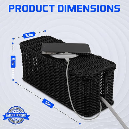 Cable Management Box, Handmade Rattan Cable Organizer, 2 Open Slots Cords Hider Box, Under Desk Cord Organizer for Computer Router USB Hub & Power Strip, Patent Pending, 13" x 5.1" x 5.1", Black