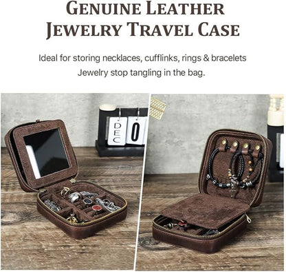CONTACTS Genuine Leather Jewelry Box Travel Jewelry Storage Organizer for Men Portable Case for Cufflinks Ring Necklace Earrings with Mirror, Square+mirror, Coffee