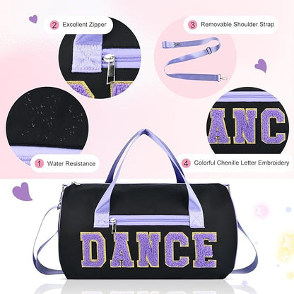 Dance Bag for Girls, KUIRAN 23L Waterproof Travel Duffel Bag with Colorful Chenille Letter, Lightweight Small Gym Sport Ballet Bag Weekender Bag with Large Main Compartment - Black/Purple