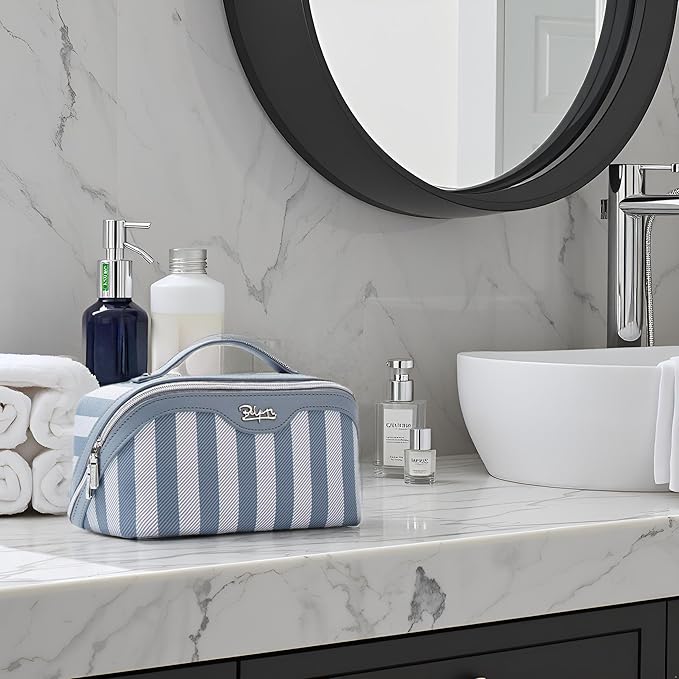 BOYATU Travel Makeup Bag for Women: Large Cosmetic Bag Set of 3 - PU Leather Make up Bag with Compartments - Compact Waterproof Toiletry Bag with Divider & Handle (B-2-Blue)