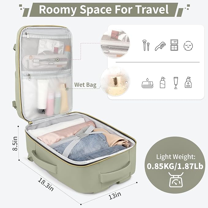 ZOMFELT Travel Backpack for Men, Carry on Backpack, TSA 17.3 inch Laptop Backpack Flight Approved, Personal Item Travel Bag Nurse Bag Casual Daypack for Weekender Business Trip, Green