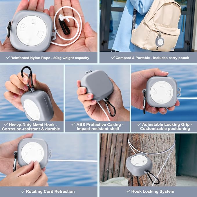 6 Pack Foldable Travel Hangers with Clips & Adjustable Clothesline, Portable Collapsible Hangers with Storage Bag for Suitcase, Hotel, RV, Cruise Essentials Set (Grey)