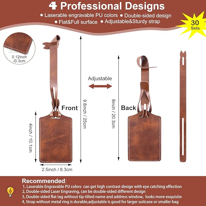 30 Sets Brown Luggage Tags Laser Engraving Material - Ideal Laserable Engravable Faux PU Leather Gift - Lasable Leatherette Name ID for Suitcases Bag Backpack to Easily Distinguish during Trip