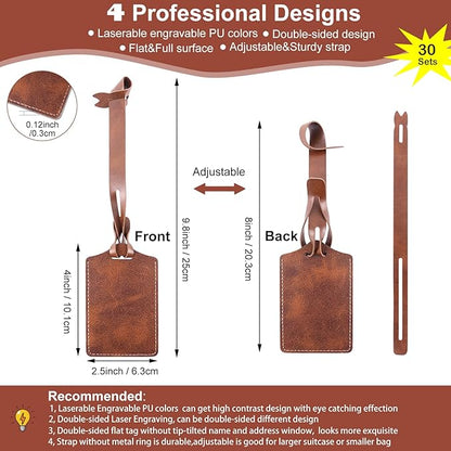 30 Sets Brown Luggage Tags Laser Engraving Material - Ideal Laserable Engravable Faux PU Leather Gift - Lasable Leatherette Name ID for Suitcases Bag Backpack to Easily Distinguish during Trip