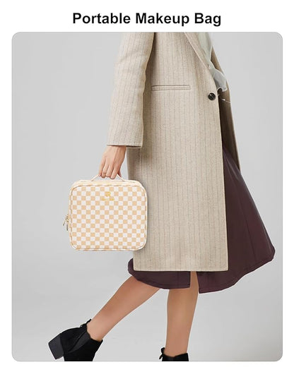 Relavel Travel Makeup Bag With LED Mirror, Cosmetic Train Case with Light up Mirror, Portable Makeup Artist Organizer Bag with Adjustable Dividers, Makeup Brush Holder Storage, Plaid