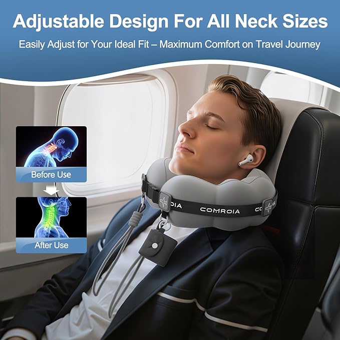 Travel Neck Pillow for Airplane, Super Soft Neck Support Travel Pillow - Lightweight and Stylish Convertible Style - Ergonomic Design for Long Flights, Car, Train & Office Use (Grey)