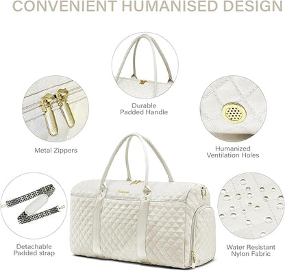 Duffle Bag for Travel,Personal Item Travel Bag with Toiletries Bags,Gym Bags for Men and Women with Wet Pocket & Shoes Compartment(White)