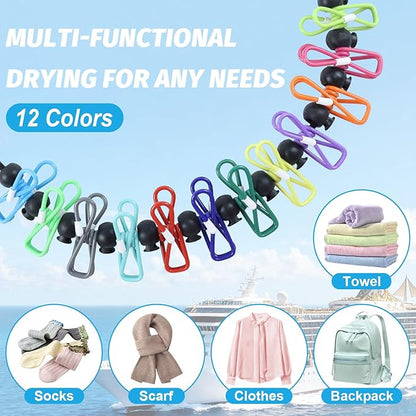 Travel Clothesline for Cruise Retractable Clothesline with 12 Clothesline Clips 2 Strong Magnets Hooks 4 Luggage Tags Camping Portable Clothesline for Hotel Room RV Indoor Cruise Ship Essentials 2025