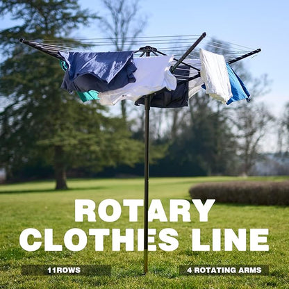 A-xctoe Rotary Outdoor Umbrella Drying Rack Adjustable Height Clothesline w/Waterproof Protective Cover Folding Rotary Dryer with 4-Aluminum Arms and Steel Post | 12-Lines with 165 ft Clothesline