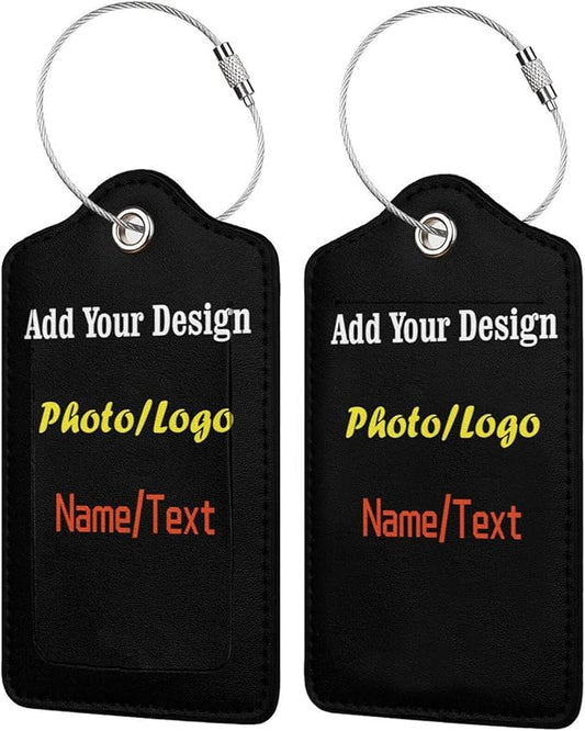 2 Pack Personalized Luggage Tags for Suitcases Travel with Photo Name Logo, Custom Leather Bag Tag for Women Girls Couples, Privacy Cover with Stainless Steel Loop Name Id Card Labels
