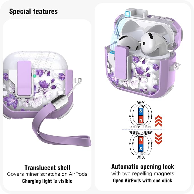 WENEW Case for AirPods 4th Case Cover Secure Lock Automatic Snap Switch Clip Cleaner Kit Lanyard Women Stylish Flower Armour Hard Shell Full Body Front LED Visible (Purple Flower, AirPods 4th)