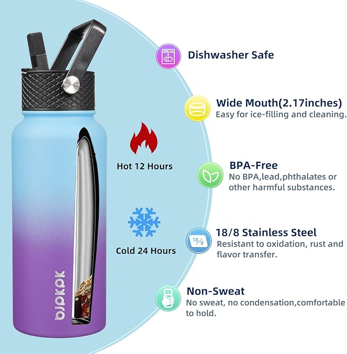 BJPKPK 2 Pack Insulated Water Bottles with Straw Lids, 32oz Stainless Steel Metal Water Bottle with 6 Lids, Leak Proof BPA Free Jugs, Cups, Flasks for Travel, Sports (Cherry+Ocean Dream)