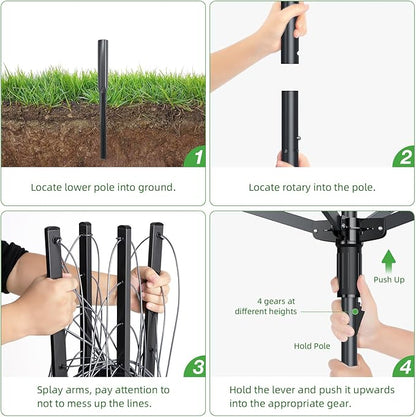 Outdoor Umbrella Clothes Drying Rack,Rotary Clothesline Adjustable Height Drying Rack Clothing 4 Arms 12 Lines with 165 Feet Drying Space,Steel Frame Laundry Drying Rack with Ground Spike for Backyard