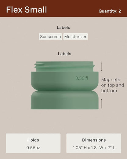 Cadence Travel Containers - Core Skincare Set - Magnetic Containers with Lids,2 Small (0.56oz) & 3 Medium (1.32oz) - Cleanser, Moisturizer, Serum, Makeup Remover & Sun Icon Labels - Eucalyptus