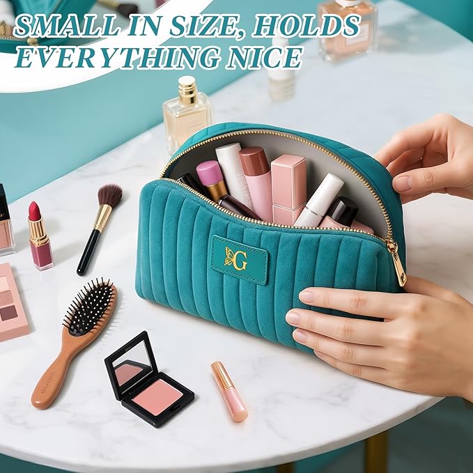 Monogrammed Make Up Bags for Women,Personalized Cosmetic Bags Women,Small Quilted Makeup Pouch,Cute Makeup Bag Travel,Birthday Gifts for Teen Girl (Blue G)