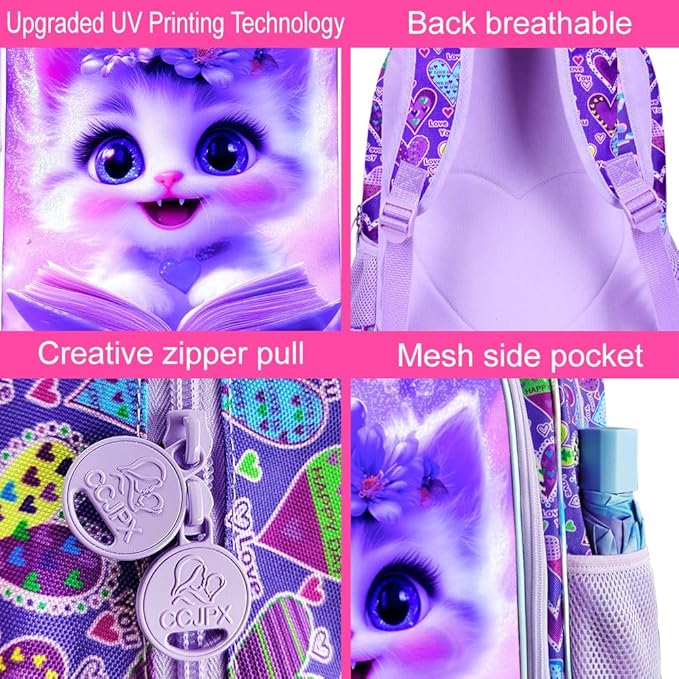WZLVO 3PCS Kids Cat Bookbag Set, 16" Glittery UV Printing Girls Backpack/School Bag with Lunch Box & Pencil Bag for Preschool to Elementary - Reading Cat Purple