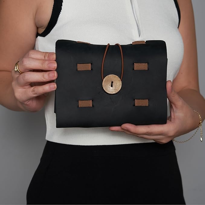 HARDISTON Genuine Leather Electronic Cable Organizer Bag Handmade Travel Cord Organizer Roll Case for Hard Drives, Cables, Charger, Phone, USB, SD Card (Medium - Black)